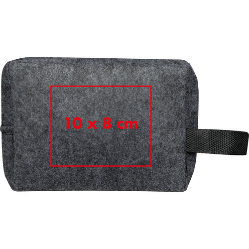 Graue Kosmetiktasche aus Filz mit Reiverschluss und Trageschlaufe.