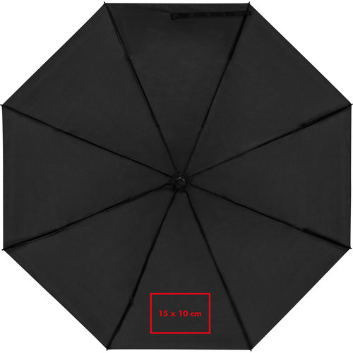 Schwarzer Taschenschirm aus RPET-Material mit Bezug und komfortablem Griff.