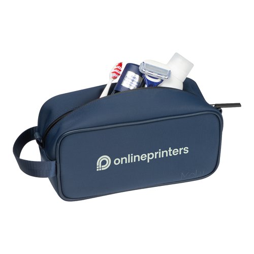 Dunkelblaue Kosmetiktasche mit Reiverschluss und Tragegriff.