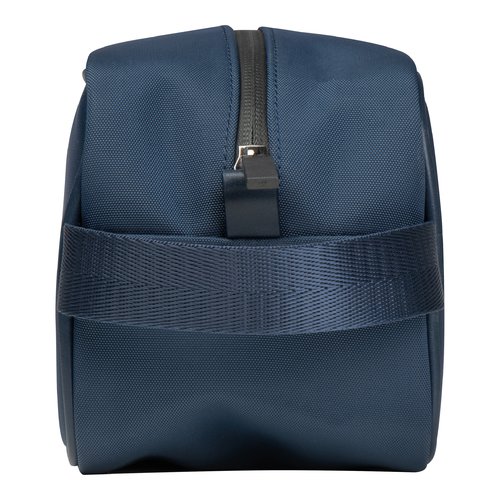 Dunkelblaue Kosmetiktasche aus Stoff mit Reiverschluss.