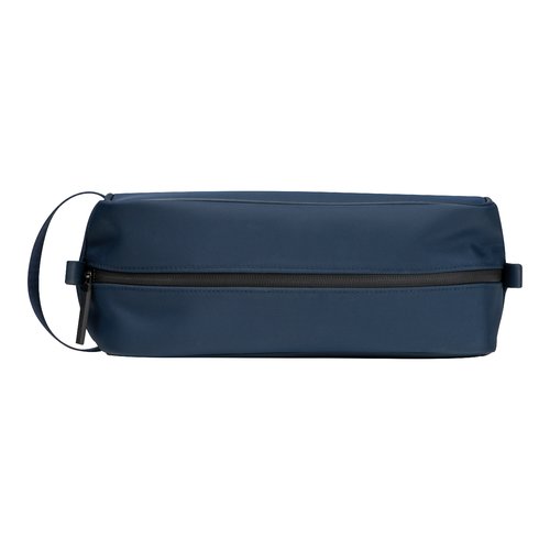 Dunkelblaue Kosmetiktasche mit Reiverschluss und Trageschlaufe.
