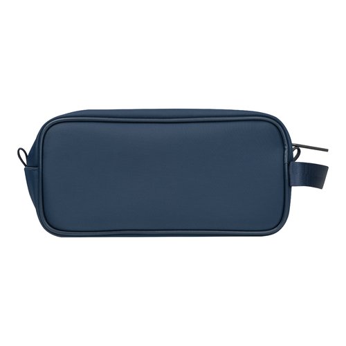 Dunkelblaue Kosmetiktasche aus Stoff mit Reiverschluss.