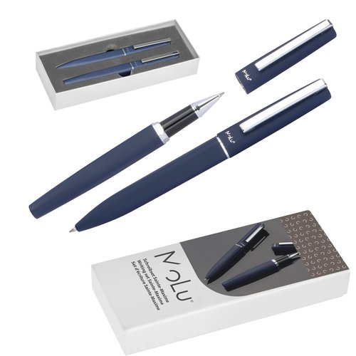 Blaues Schreibset mit Kugelschreiber und Tintenroller in Geschenkverpackung.