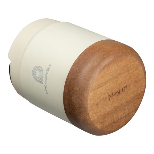 Wei�er Edelstahl Essensbeh�lter mit Holzakzenten.