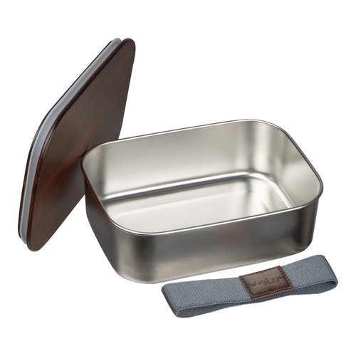 Silbergraue Lunchbox aus Metall mit Holzdeckel und Gummiband.