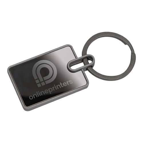 Anthrazitfarbener Metall-Schlsselanhnger mit rechteckiger Form und Schlsselring.