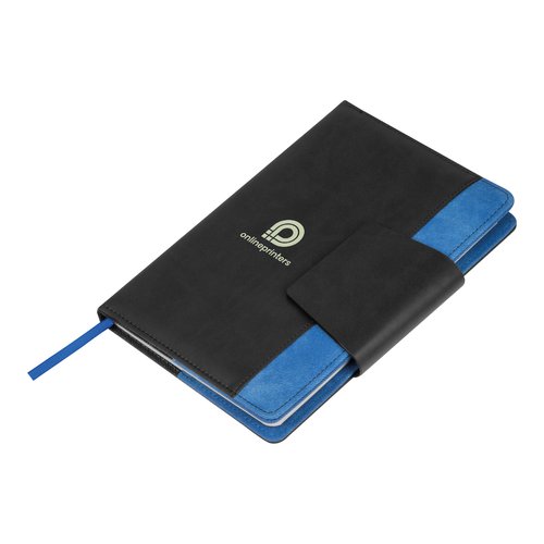 Blaues Notizbuch mit Verschlussband und Leseband.