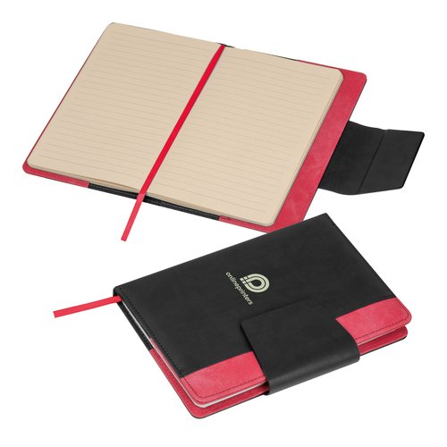 Rotes Notizbuch mit Magnetverschluss und Leseband.