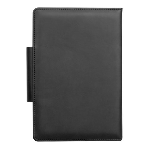 Rotes Notizbuch mit Einband und Stiftschlaufe.