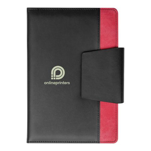 Rotes Notizbuch mit Verschluss.