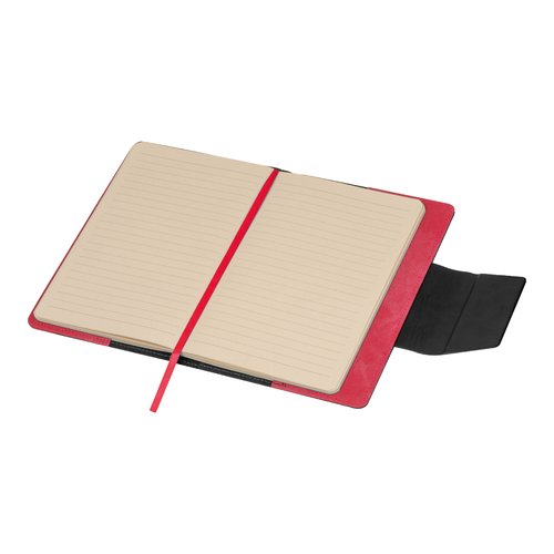 Rotes Notizbuch mit linierten Seiten und Leseband.