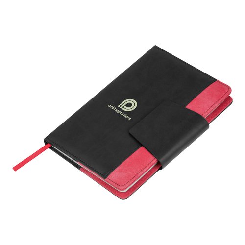 Rotes Notizbuch mit Hardcover und Lesezeichen.