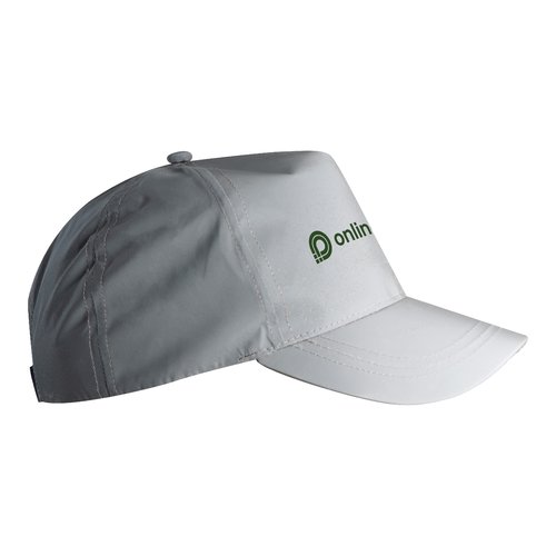 Silbergraue Baseballcap aus reflektierendem Material mit verstellbarem Riemen.