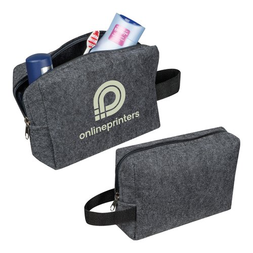 Anthrazitfarbene Kosmetiktasche aus Filz mit Reiverschluss und Tragegriff.