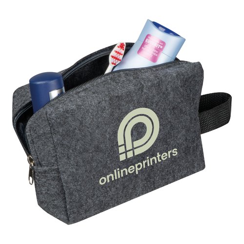 Anthrazitfarbene Kosmetiktasche aus Filz mit Reiverschluss und Trageschlaufe.