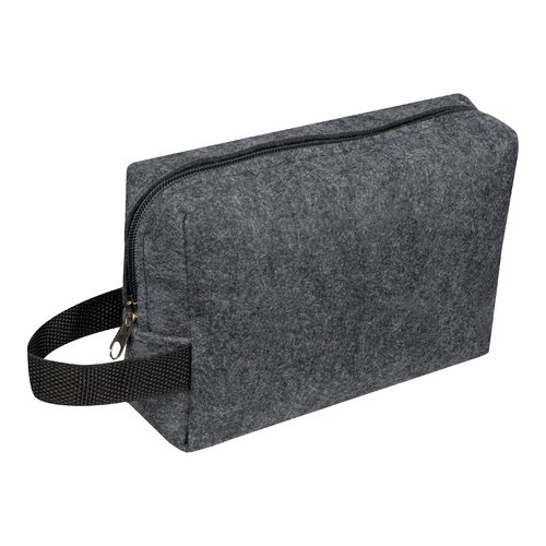 Anthrazitfarbene Kosmetiktasche aus Filz mit Reiverschluss und Tragegriff.