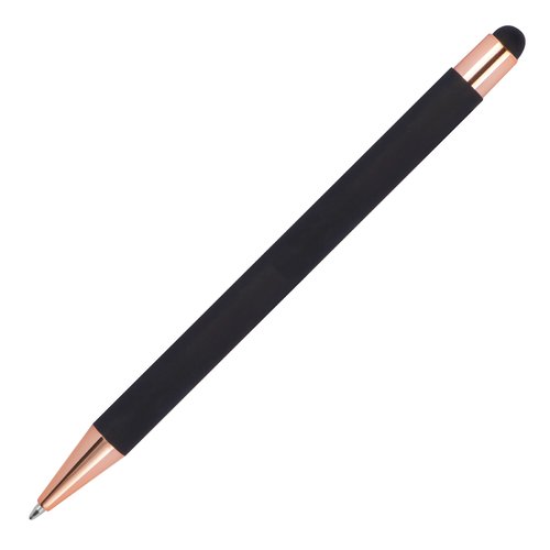 Schwarzer Kugelschreiber mit Touch-Pen und Druckmechanismus.