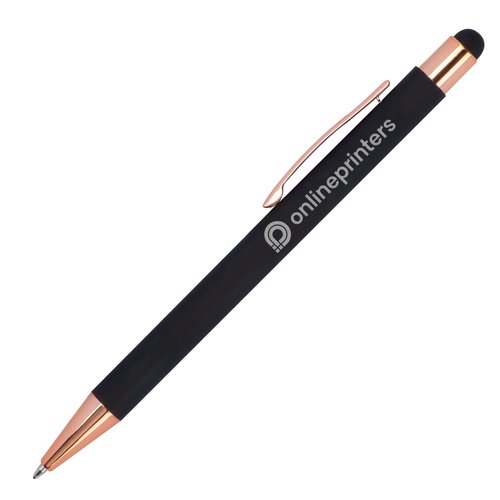Schwarzer Kugelschreiber mit Touchpen und Clip.