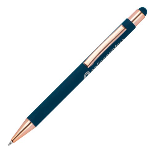 Dunkelblauer Kugelschreiber aus Metall mit Touch-Pen Spitze.