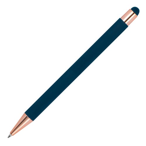 Dunkelblauer Kugelschreiber mit Touch-Pen und Metallelementen.