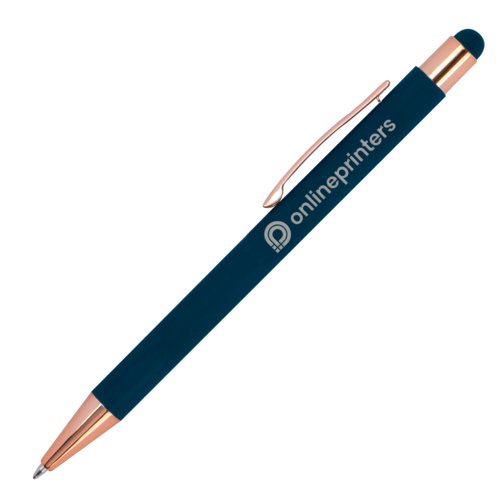 Dunkelblauer Kugelschreiber aus Metall mit Touch-Pen und Clip.