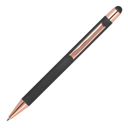 Anthrazitfarbener Kugelschreiber mit Touch-Pen und Clip.