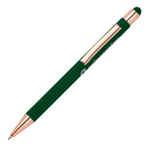 Dunkelgrner Kugelschreiber mit Touch-Pen und Clip.