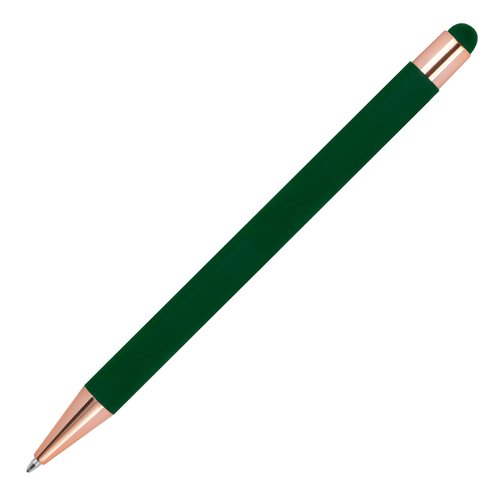 Dunkelgrner Kugelschreiber mit Touch-Pen und Druckmechanismus.