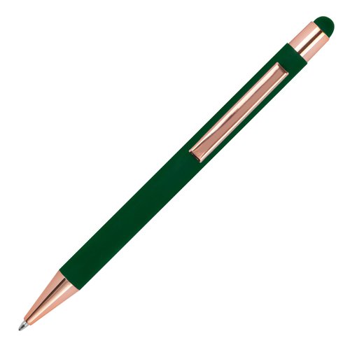 Dunkelgrner Kugelschreiber mit Touch-Pen und Clip.