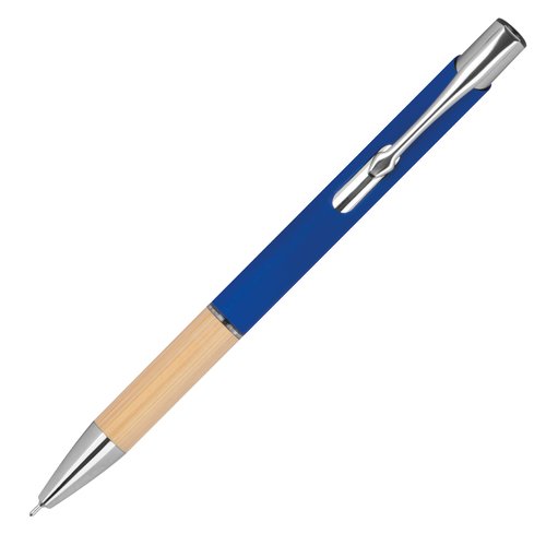 Blauer Recycling-Gelschreiber mit Clip und Druckknopf.