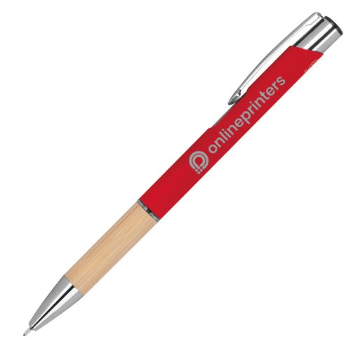 Roter, recycelter Gelschreiber mit Clip und Druckknopf.