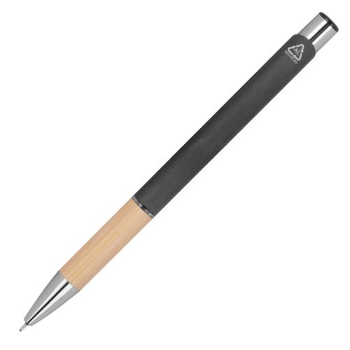 Anthrazitfarbener, recycelter Gelschreiber mit Metallelementen.