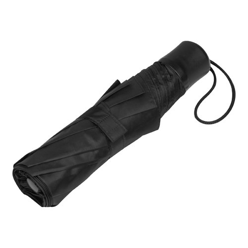Schwarzer RPET Taschenschirm mit Trageschlaufe.