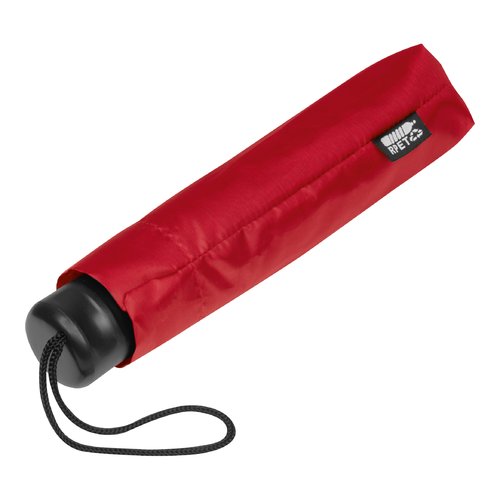Roter RPET-Taschenschirm mit Trageschlaufe.