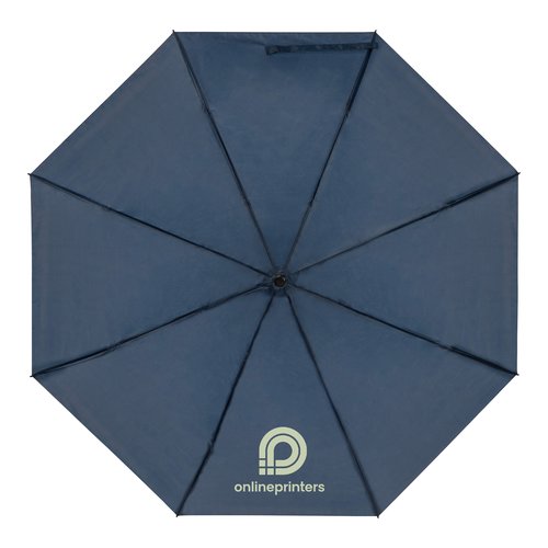 Dunkelblauer RPET-Taschenschirm mit Bezug und Griff.