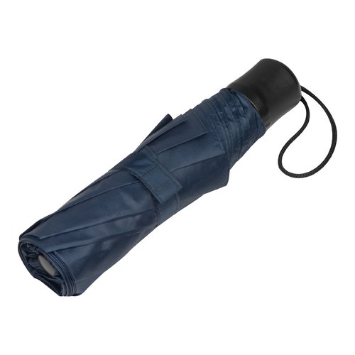 Dunkelblauer RPET-Taschenschirm mit Handschlaufe.
