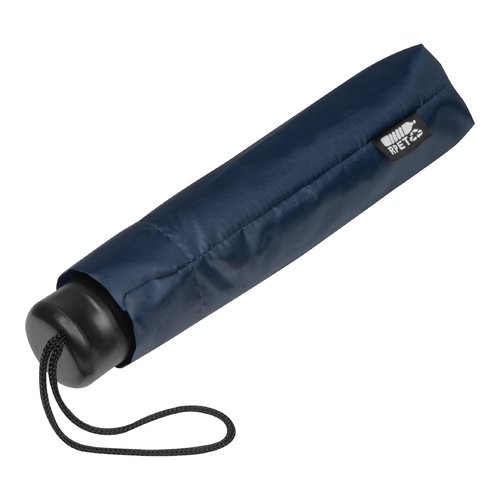 Dunkelblauer RPET-Taschenschirm mit Trageschlaufe.