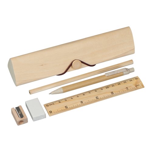 Beiges Holz-Schreibset mit Stift, Bleistift, Lineal, Anspitzer und Radiergummi.