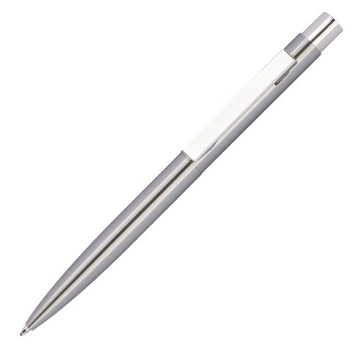 Silbergrauer Edelstahl-Kugelschreiber mit Clip und Druckmechanismus.