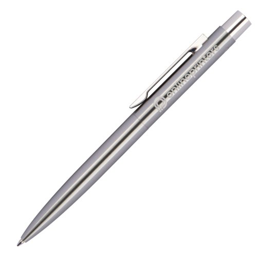 Silberner Edelstahl-Kugelschreiber mit Clip und Druckmechanik.