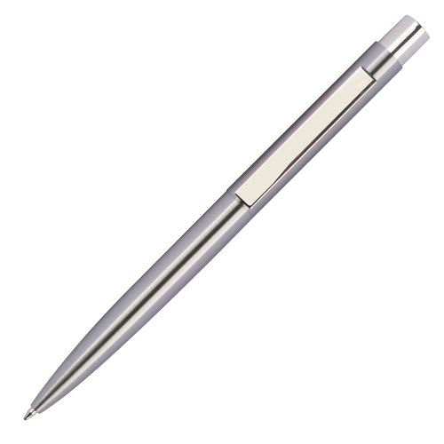 Silbergrauer Edelstahl-Kugelschreiber mit Clip und Druckmechanismus.