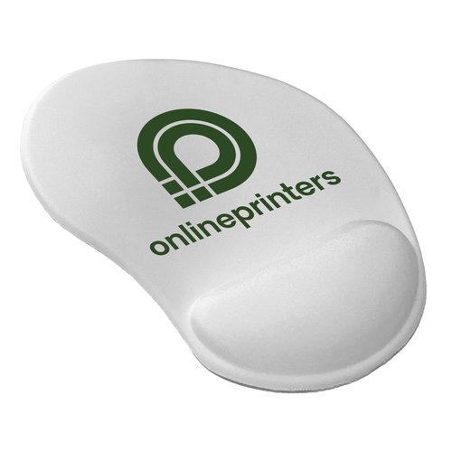 Weies Mousepad aus Stoff mit Handgelenkauflage.
