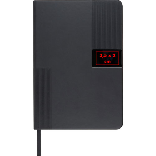 Schwarzes Notizbuch mit Hardcover und Stiftschlaufe.