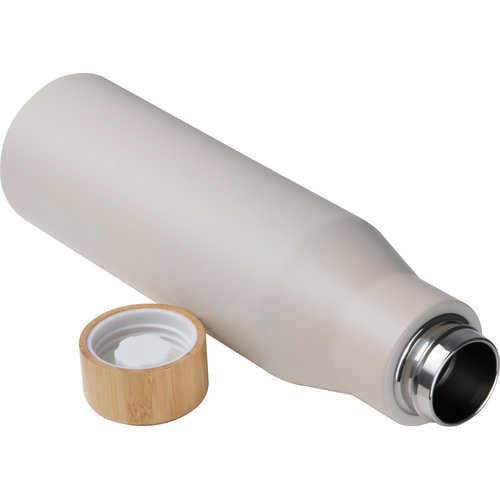 Beige Lunchbox mit Edelstahlflasche und Bambusdeckel.