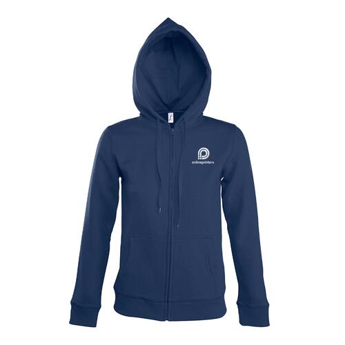 Marineblaue Damen Sweatjacke aus Baumwollmischgewebe mit Kapuze und durchgehendem Rei�verschluss.