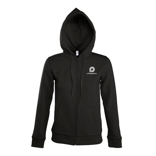 Schwarze Baumwoll-Polyester Sweatjacke mit Kapuze und durchgehendem Rei�verschluss.
