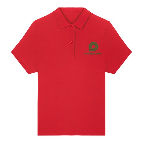 Rotes Damen-Poloshirt aus Bio-Baumwolle mit kurzer Knopfleiste.