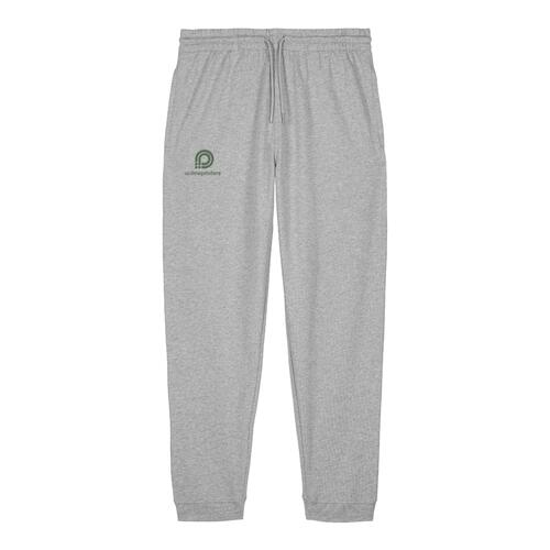 Graue Stoff-Jogginghose mit Kordelzug.