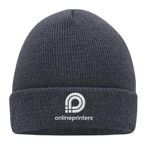 Graue Strickm�tze aus warmem Material mit Rippstrickmuster.