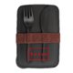 Schwarze Lunchbox aus Kunststoff mit elastischem Band.